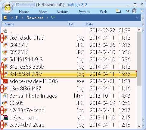 oMega Commander Features. Quick selection of a file group with the same mark, selection of the latest files.